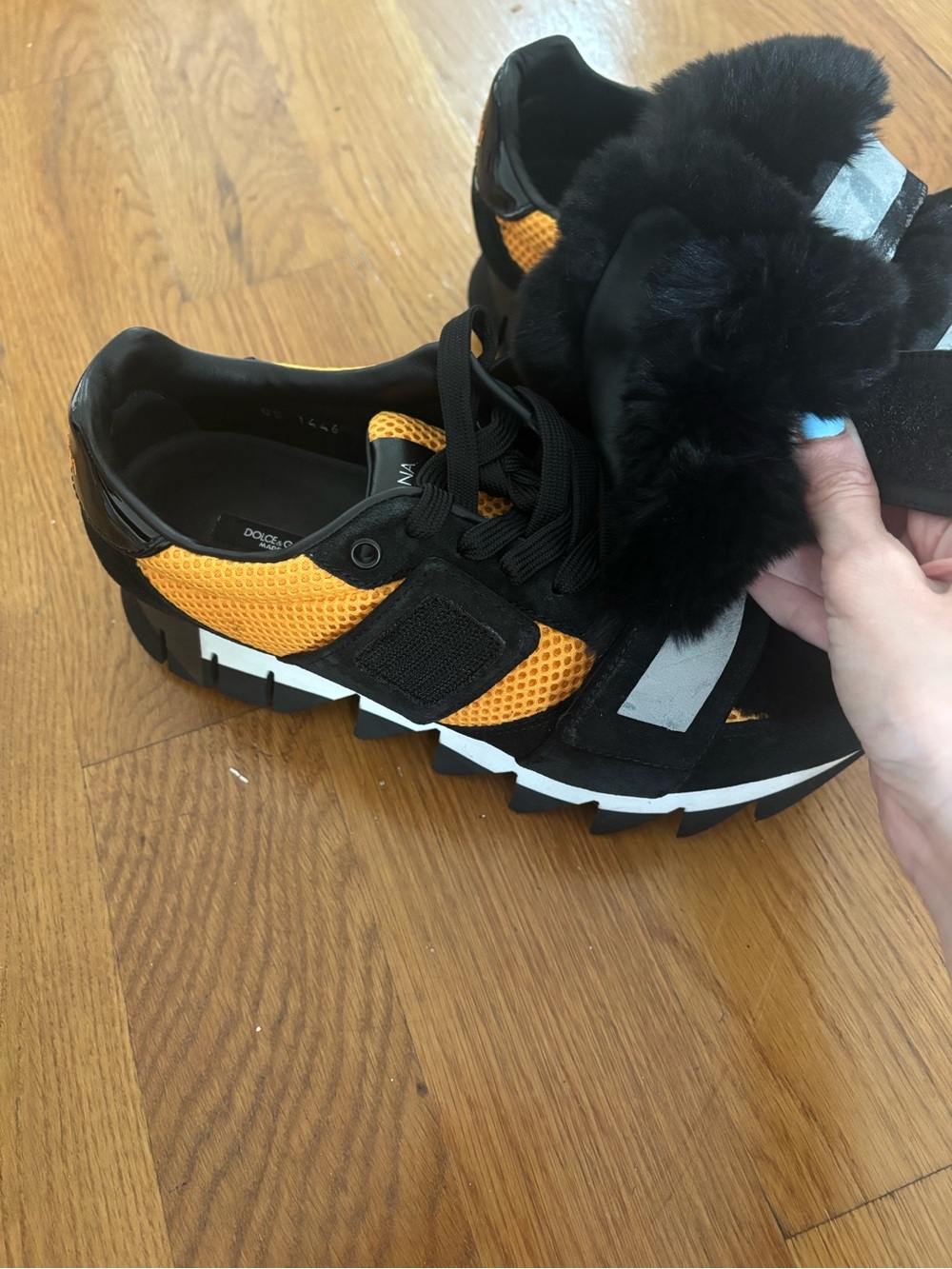 Dolce & Gabbana Black & Orange Fur Strap Sneakers Size 7 Women - Picture 6 of 8